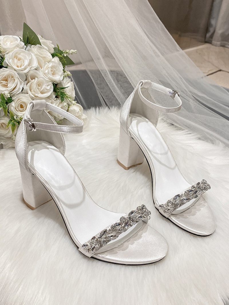 Chaussures Mariage Pour Femmes Cuir Pu Strass Blancs Sandales À Bout Ouvert - Blanc