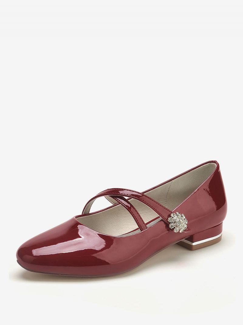 Chaussures Mariage Pour Femmes Demoiselle D'honneur Pu Verni Bout Rond Strass - Bordeaux