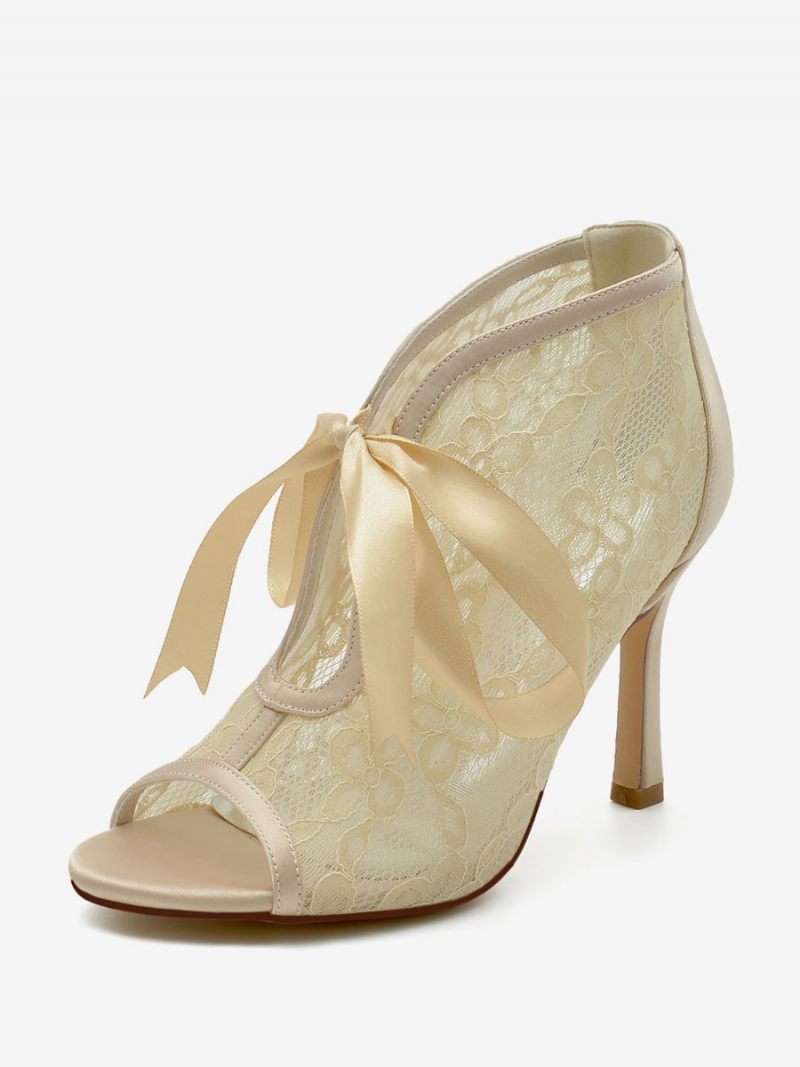 Chaussures Mariage Pour Femmes Dentelle Avec Nœuds Blancs Sandales À Bout Ouvert - Champagne