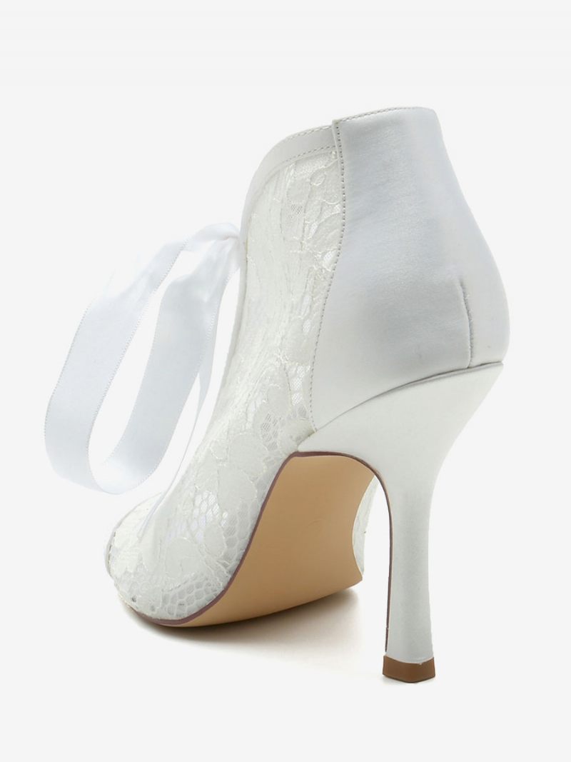 Chaussures Mariage Pour Femmes Dentelle Avec Nœuds Blancs Sandales À Bout Ouvert - Blanc