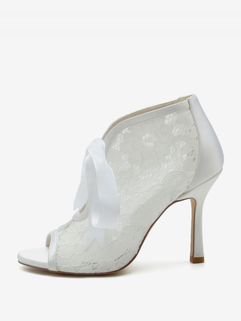 Chaussures Mariage Pour Femmes Dentelle Avec Nœuds Blancs Sandales À Bout Ouvert - Blanc