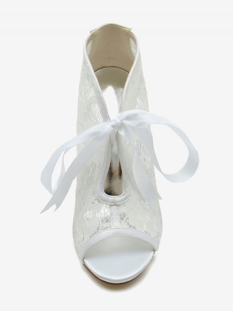 Chaussures Mariage Pour Femmes Dentelle Avec Nœuds Blancs Sandales À Bout Ouvert - Blanc