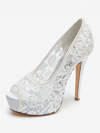 Chaussures Mariage Pour Femmes Dentelle Blanche Peep Toe Talon Aiguille Plate-forme Mariée