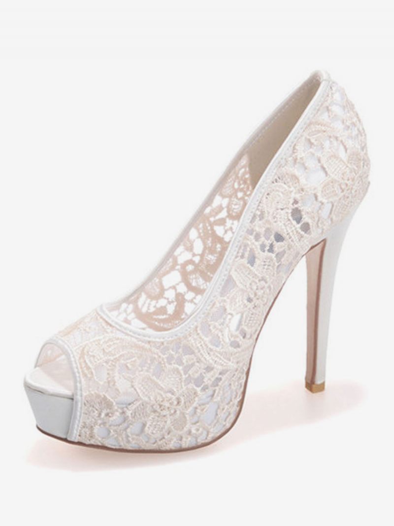 Chaussures Mariage Pour Femmes Dentelle Blanche Peep Toe Talon Aiguille Plate-forme Mariée - Ivoire