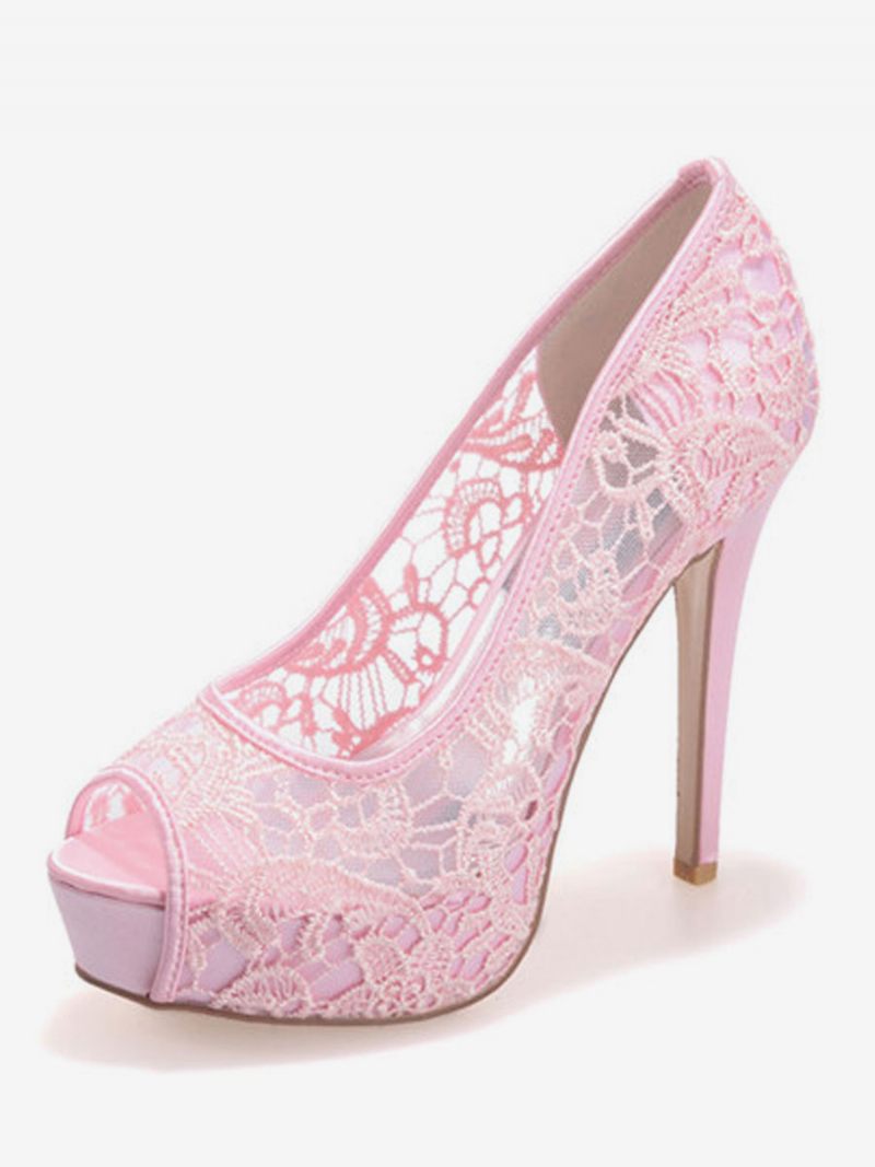 Chaussures Mariage Pour Femmes Dentelle Blanche Peep Toe Talon Aiguille Plate-forme Mariée - Rose