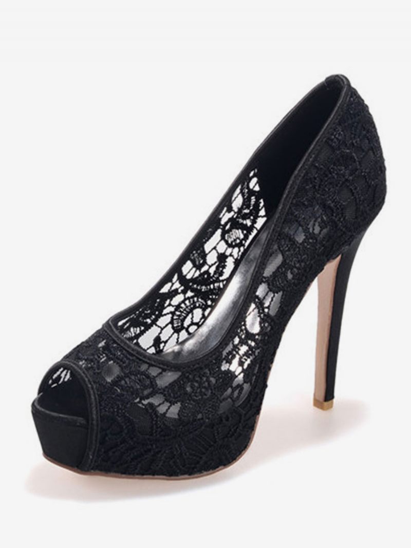 Chaussures Mariage Pour Femmes Dentelle Blanche Peep Toe Talon Aiguille Plate-forme Mariée - Noir