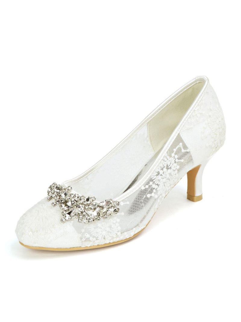 Chaussures Mariage Pour Femmes Dentelle Ivoire Bout Rond Strass Chaton Talon Mariée