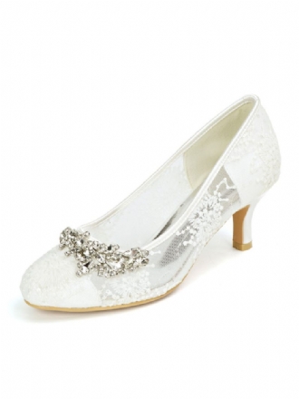 Chaussures Mariage Pour Femmes Dentelle Ivoire Bout Rond Strass Chaton Talon Mariée