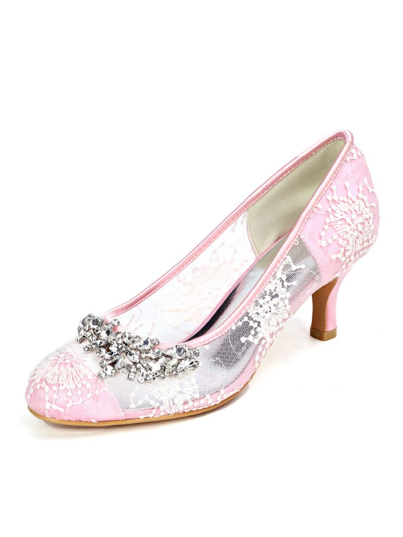 Chaussures Mariage Pour Femmes Dentelle Ivoire Bout Rond Strass Chaton Talon Mariée - Rose