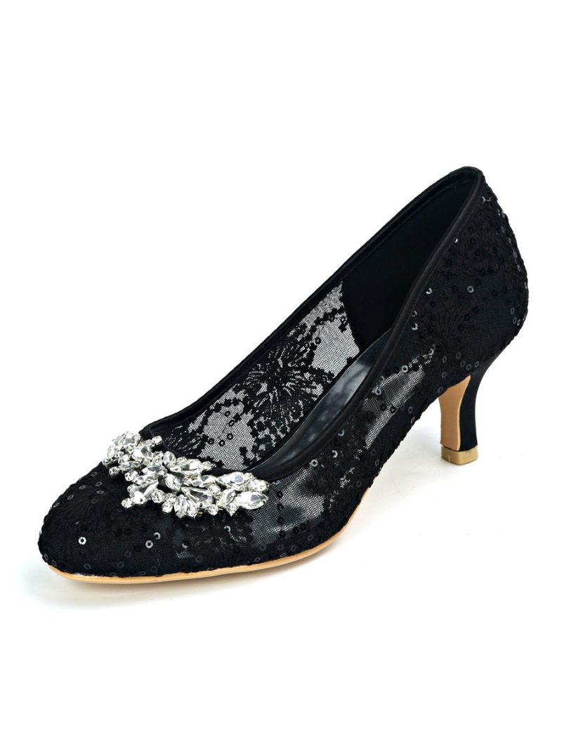 Chaussures Mariage Pour Femmes Dentelle Ivoire Bout Rond Strass Chaton Talon Mariée - Noir