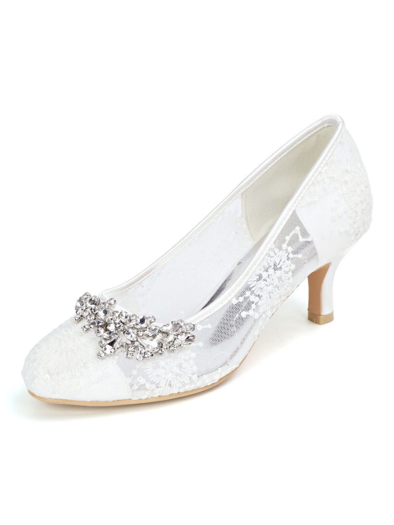 Chaussures Mariage Pour Femmes Dentelle Ivoire Bout Rond Strass Chaton Talon Mariée - Blanc