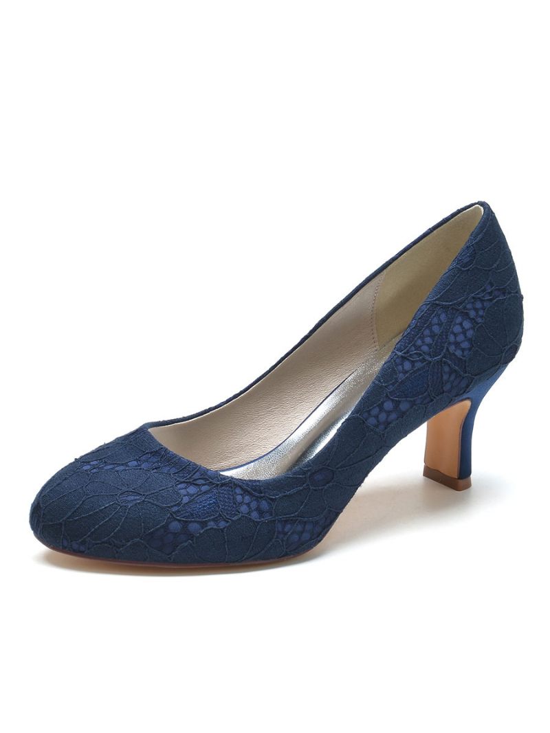 Chaussures Mariage Pour Femmes Escarpins À Bout Rond Et Talons Épais Dentelle - Bleu Profond