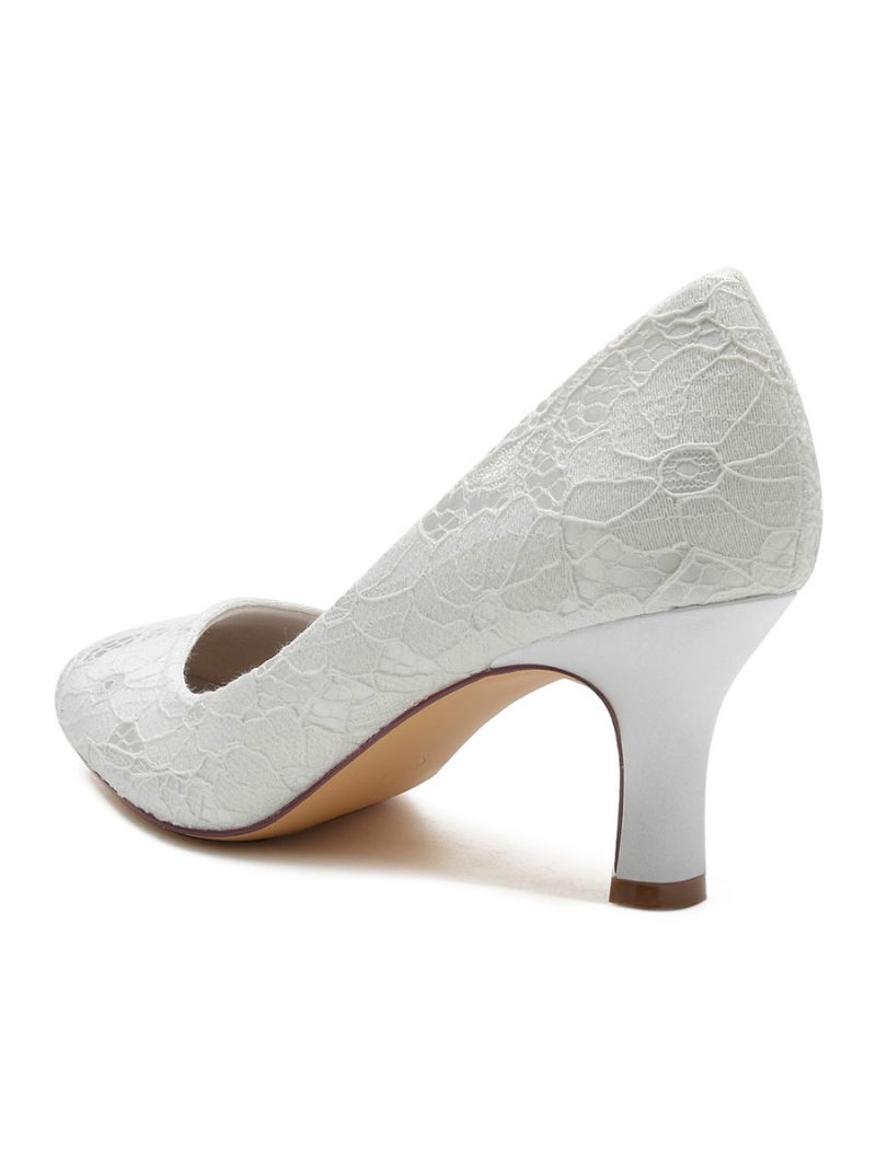 Chaussures Mariage Pour Femmes Escarpins À Bout Rond Et Talons Épais Dentelle - Blanc