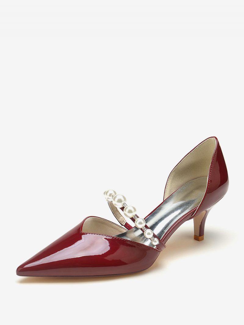 Chaussures Mariage Pour Femmes Escarpins Mariée Brevetés Pu Bout Pointu Perles - Bordeaux