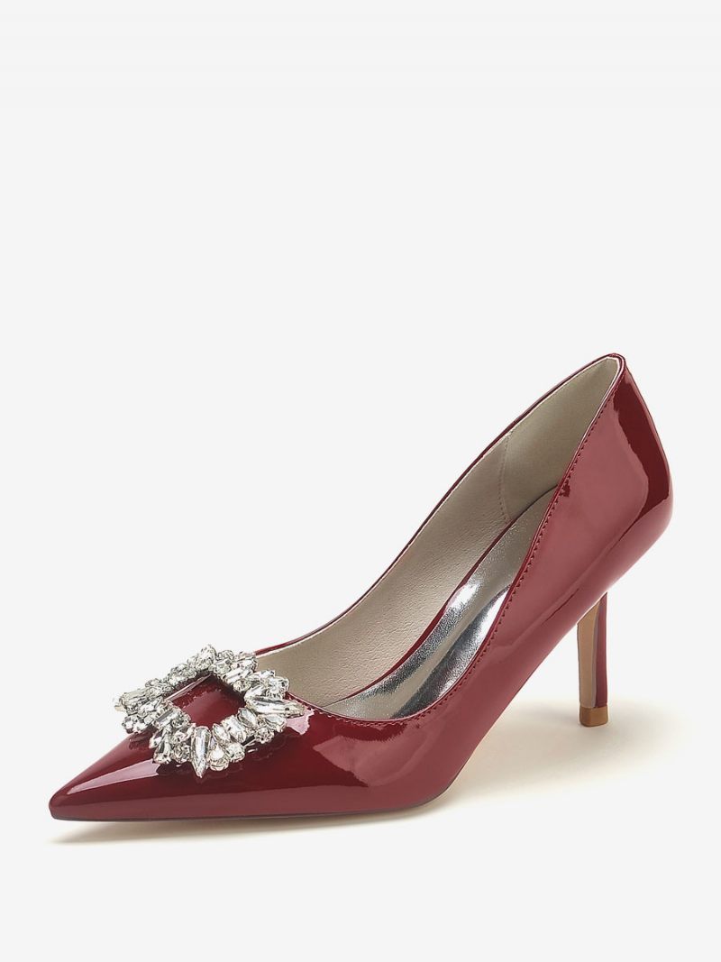 Chaussures Mariage Pour Femmes Escarpins Mariée Brevetés Pu Bout Pointu Strass À Talons Hauts - Bordeaux