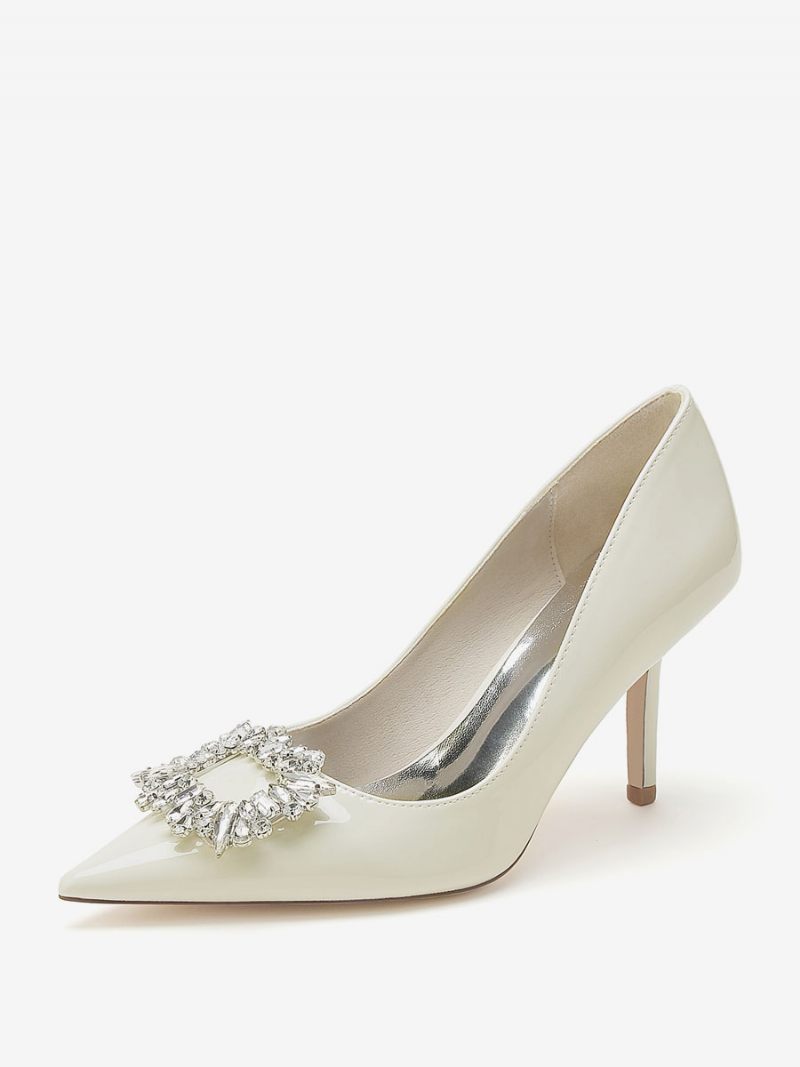 Chaussures Mariage Pour Femmes Escarpins Mariée Brevetés Pu Bout Pointu Strass À Talons Hauts - Beige