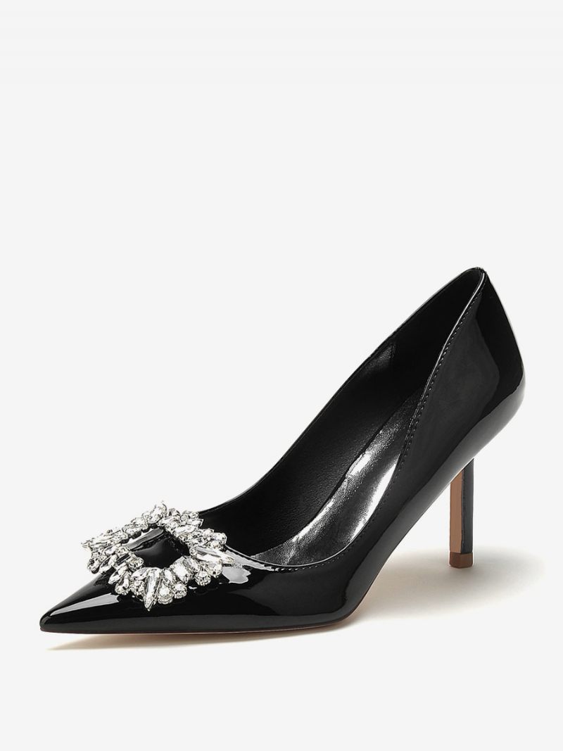 Chaussures Mariage Pour Femmes Escarpins Mariée Brevetés Pu Bout Pointu Strass À Talons Hauts - Noir