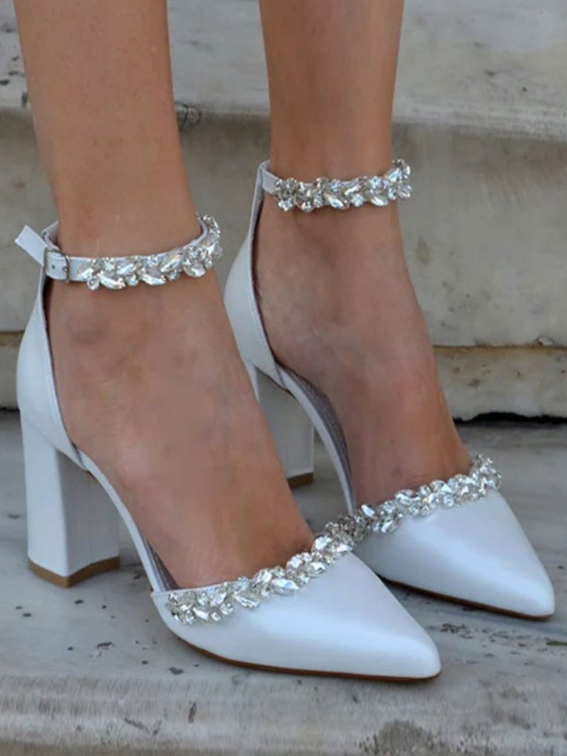 Chaussures Mariage Pour Femmes Escarpins Mariée Cuir Pu Chaînes À Bout Pointu - Blanc