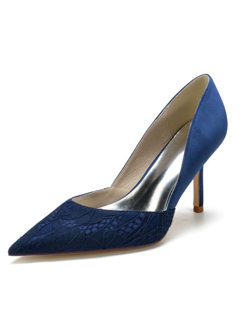 Chaussures Mariage Pour Femmes Escarpins Mariée Dentelle À Bout Pointu Et Talon Aiguille - Bleu Profond