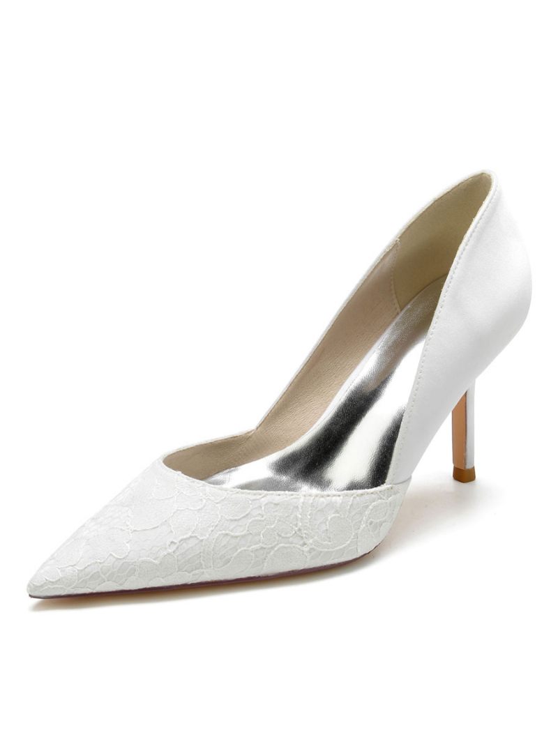 Chaussures Mariage Pour Femmes Escarpins Mariée Dentelle À Bout Pointu Et Talon Aiguille - Blanc