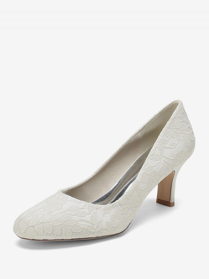 Chaussures Mariage Pour Femmes Escarpins Mariée Dentelle Bout Rond Brodé - Ivoire