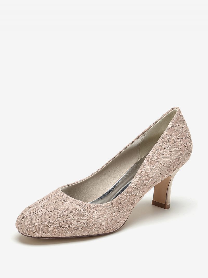 Chaussures Mariage Pour Femmes Escarpins Mariée Dentelle Bout Rond Brodé - Champagne