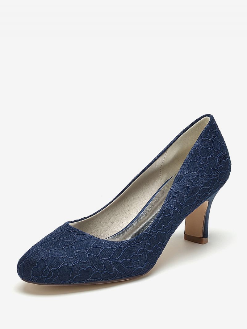 Chaussures Mariage Pour Femmes Escarpins Mariée Dentelle Bout Rond Brodé - Bleu Profond