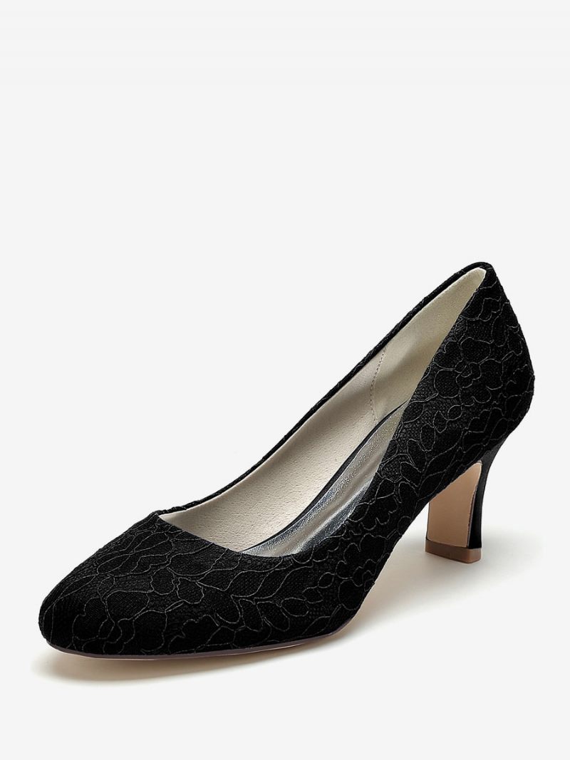 Chaussures Mariage Pour Femmes Escarpins Mariée Dentelle Bout Rond Brodé - Noir