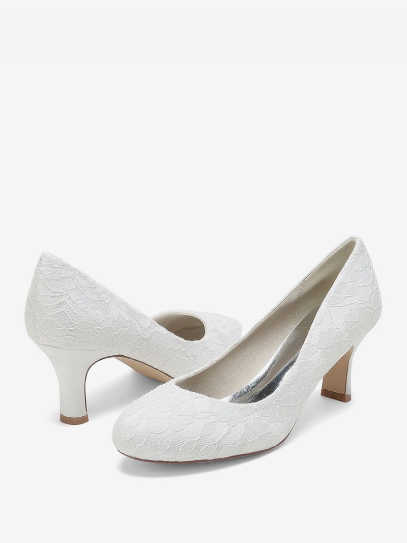 Chaussures Mariage Pour Femmes Escarpins Mariée Dentelle Bout Rond Brodé - Blanc