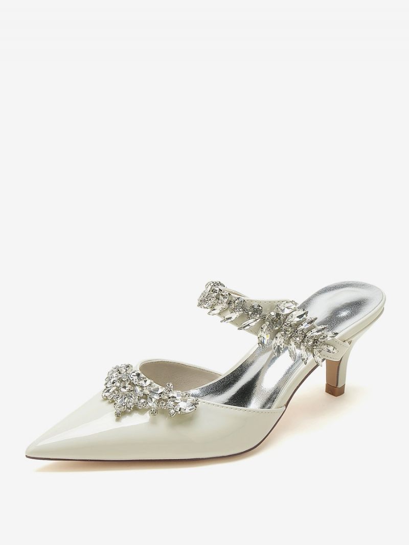 Chaussures Mariage Pour Femmes Escarpins Mariée Pu Verni À Bout Pointu Avec Strass - Beige