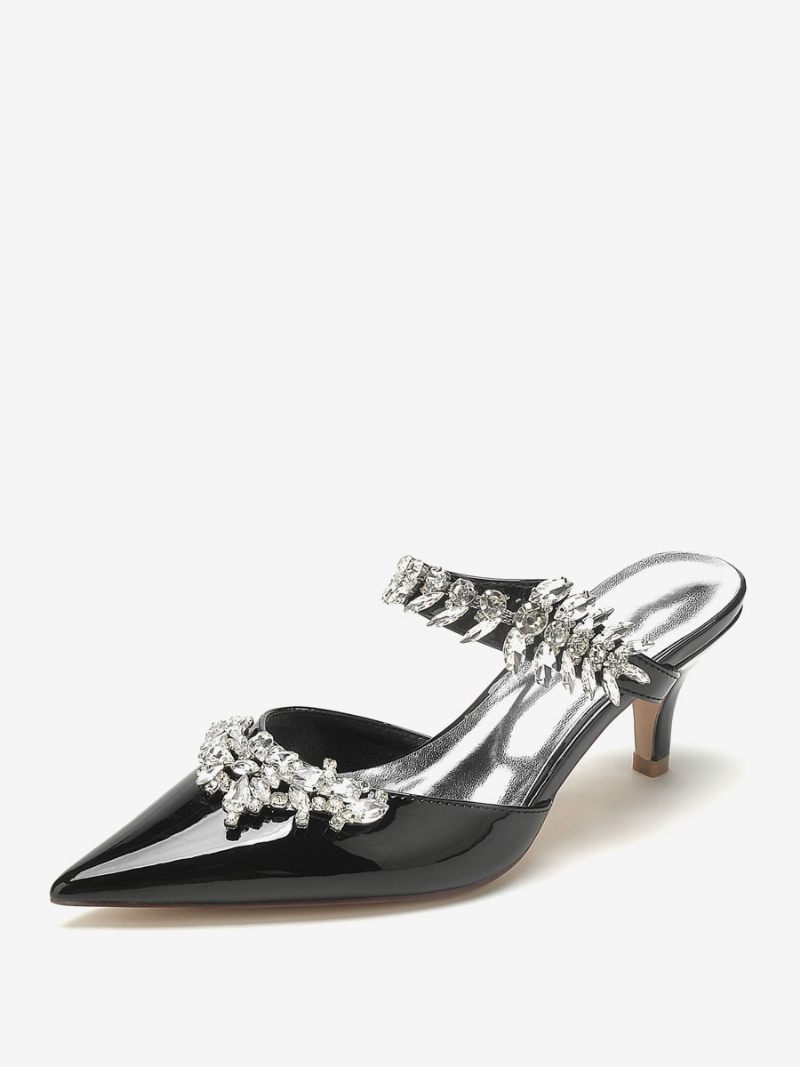 Chaussures Mariage Pour Femmes Escarpins Mariée Pu Verni À Bout Pointu Avec Strass - Noir