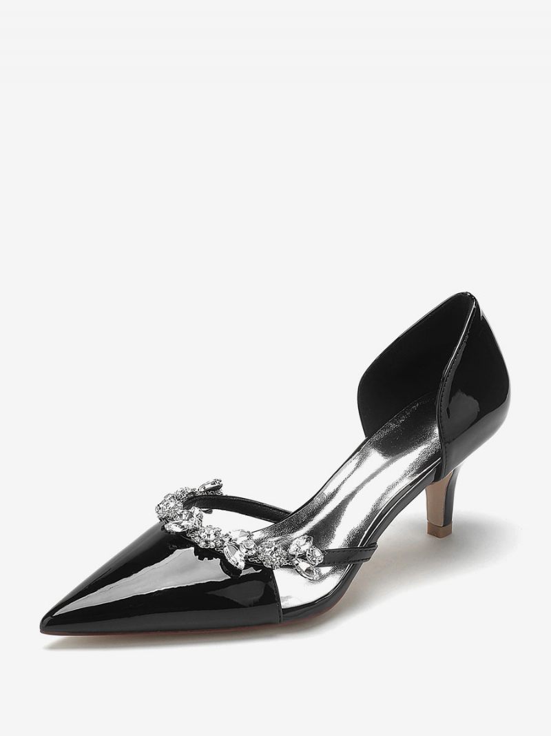 Chaussures Mariage Pour Femmes Escarpins Mariée Pu Verni À Bout Pointu Avec Strass - Noir