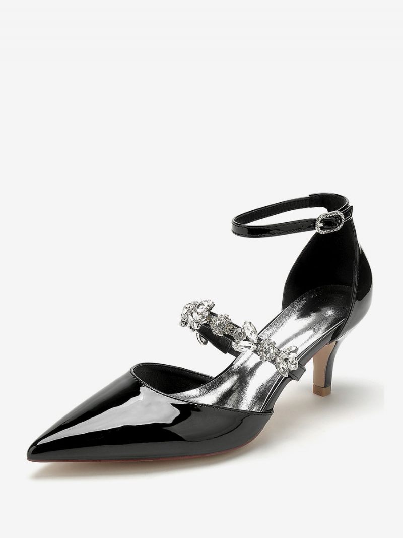 Chaussures Mariage Pour Femmes Escarpins Mariée Pu Verni À Bout Pointu Avec Strass - Noir