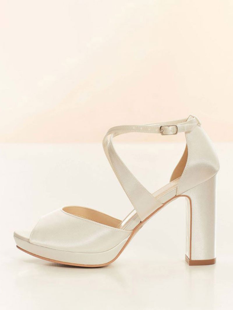 Chaussures Mariage Pour Femmes Escarpins Mariée Satin À Bout Ouvert - Blanc