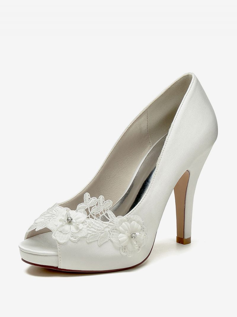 Chaussures Mariage Pour Femmes Escarpins Mariée Satin À Bout Ouvert - Ivoire