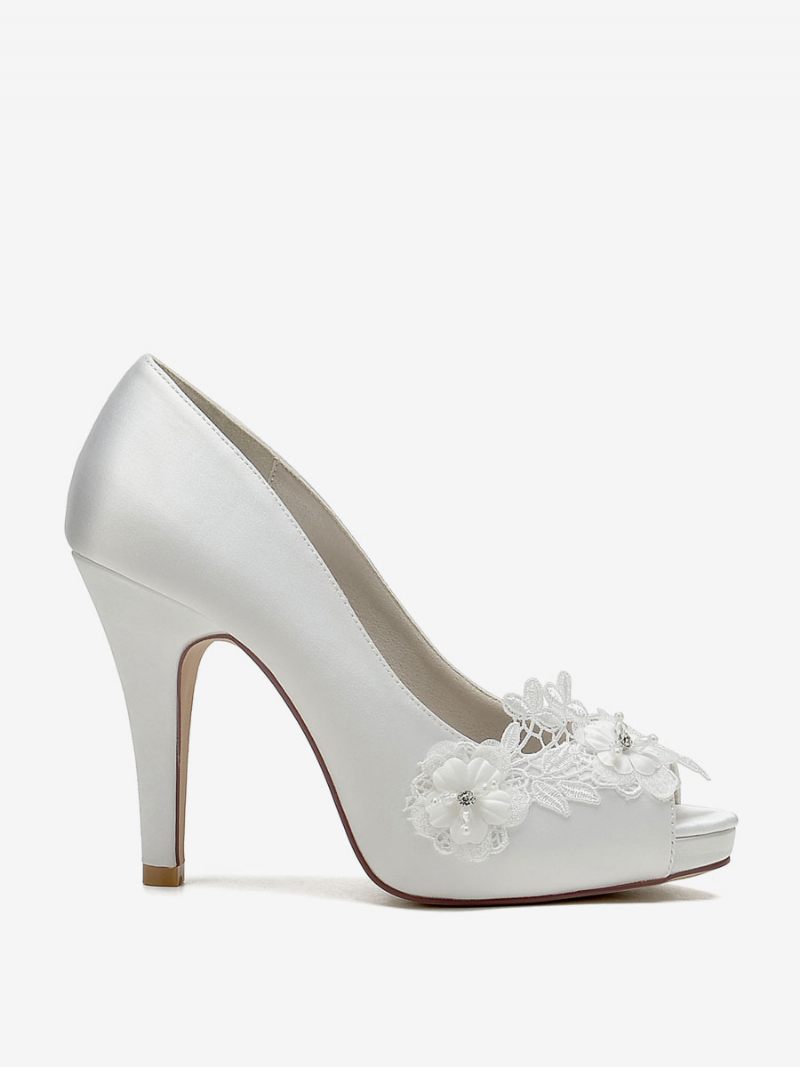 Chaussures Mariage Pour Femmes Escarpins Mariée Satin À Bout Ouvert - Ivoire