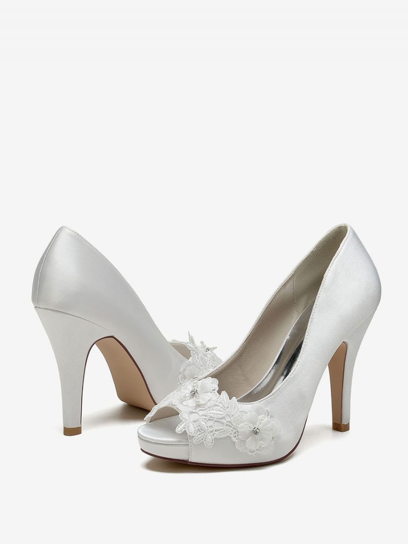 Chaussures Mariage Pour Femmes Escarpins Mariée Satin À Bout Ouvert - Ivoire