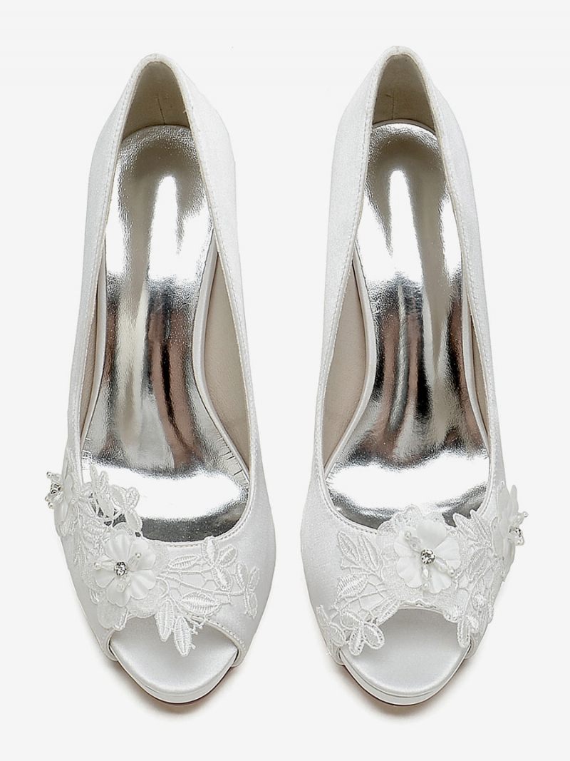 Chaussures Mariage Pour Femmes Escarpins Mariée Satin À Bout Ouvert - Ivoire