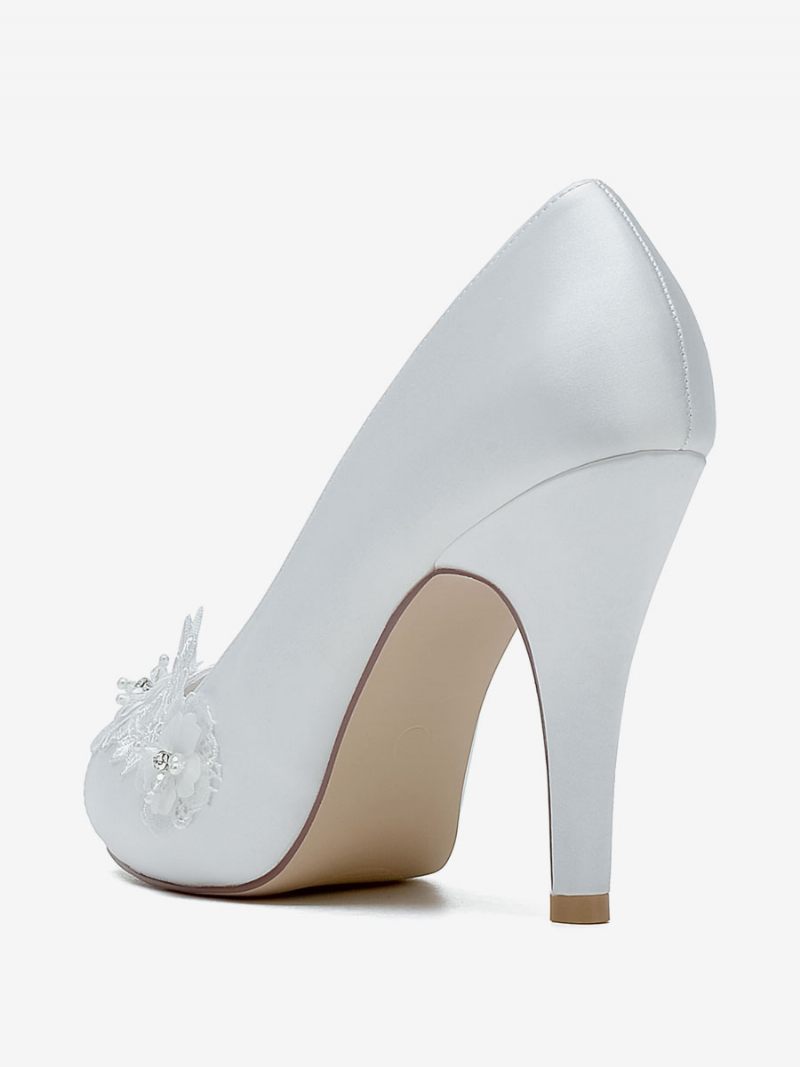 Chaussures Mariage Pour Femmes Escarpins Mariée Satin À Bout Ouvert - Blanc