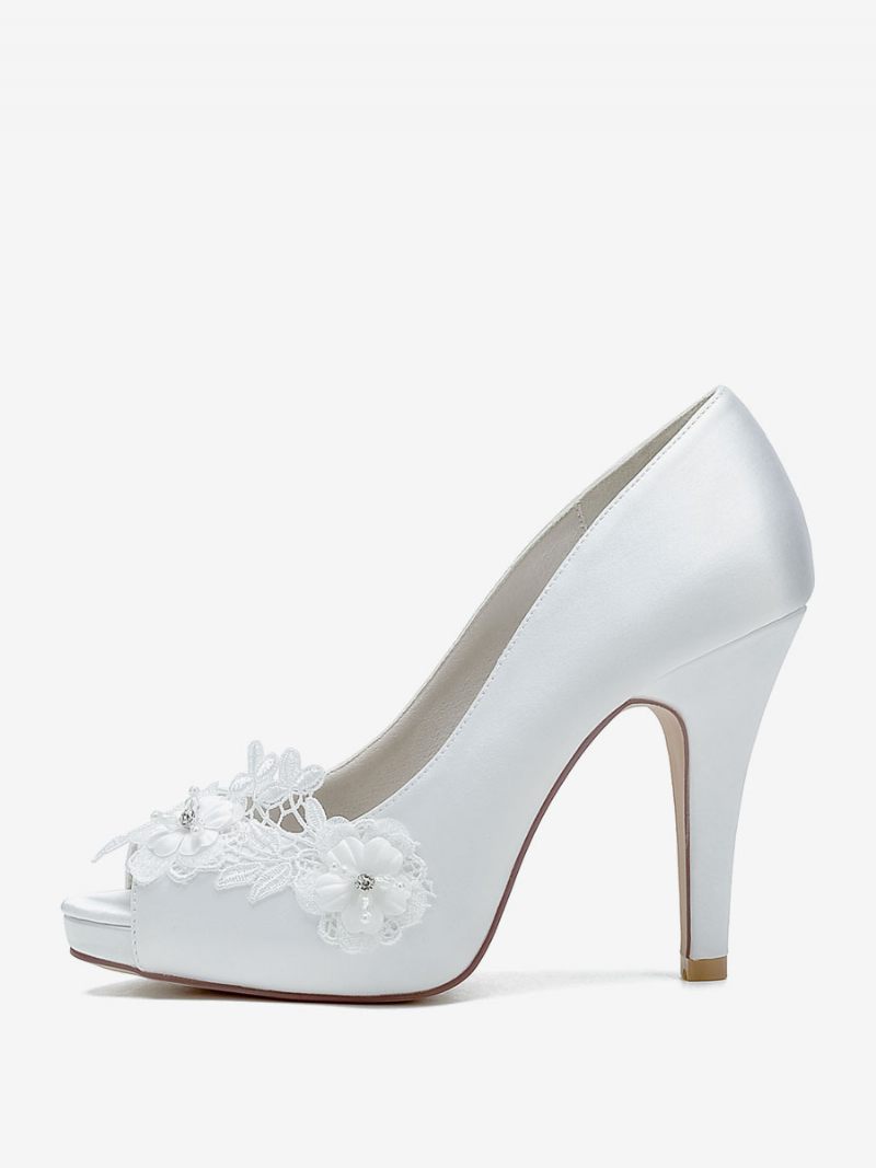 Chaussures Mariage Pour Femmes Escarpins Mariée Satin À Bout Ouvert - Blanc