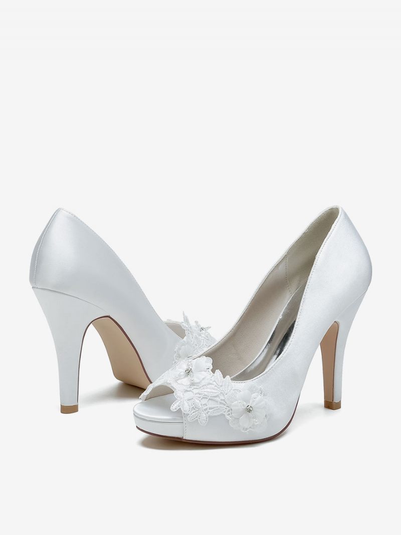 Chaussures Mariage Pour Femmes Escarpins Mariée Satin À Bout Ouvert - Blanc