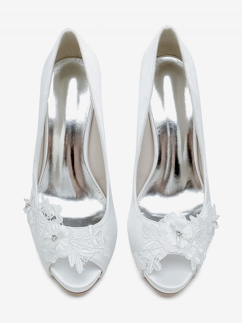 Chaussures Mariage Pour Femmes Escarpins Mariée Satin À Bout Ouvert - Blanc