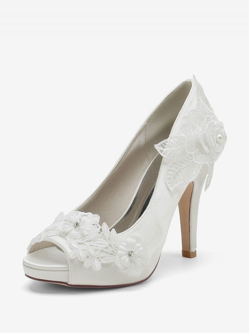 Chaussures Mariage Pour Femmes Escarpins Mariée Satin À Bout Ouvert - Ivoire