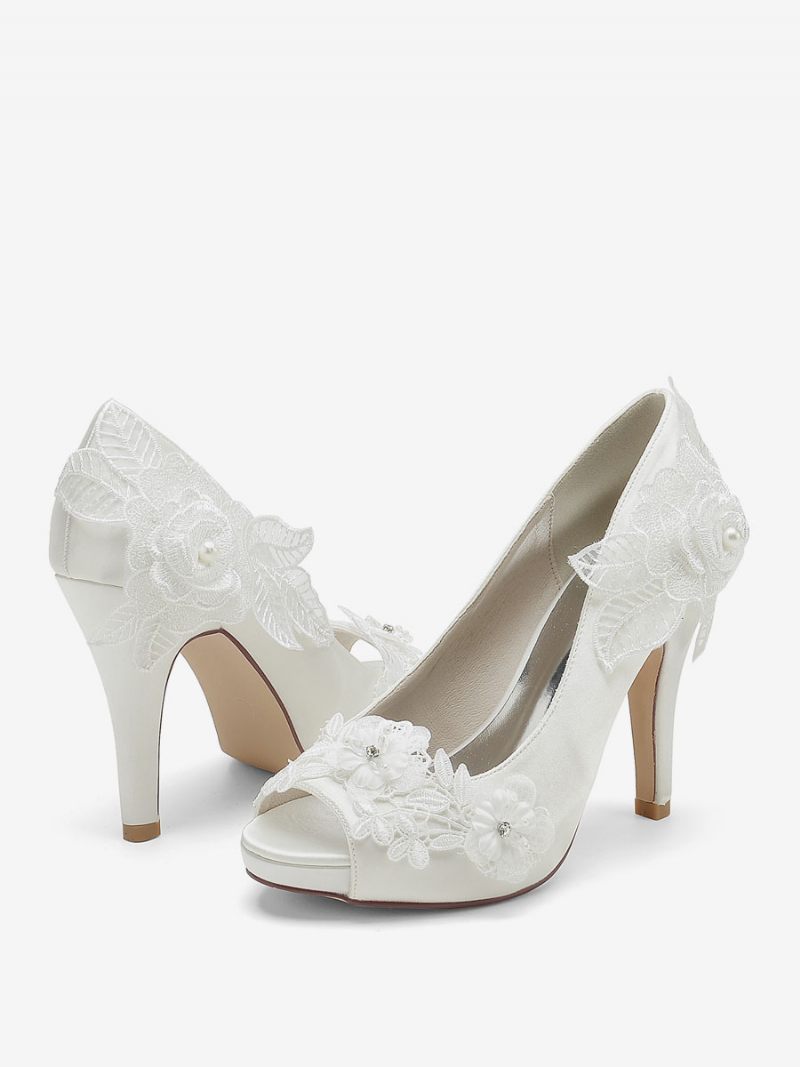 Chaussures Mariage Pour Femmes Escarpins Mariée Satin À Bout Ouvert - Ivoire