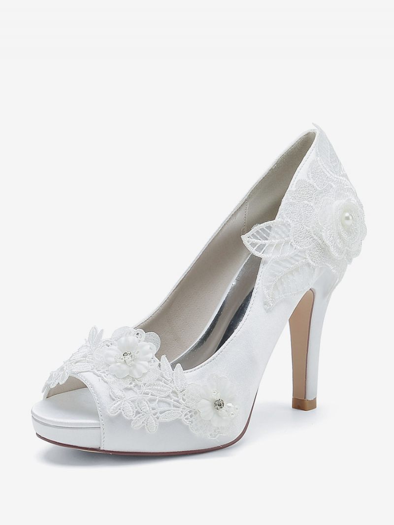 Chaussures Mariage Pour Femmes Escarpins Mariée Satin À Bout Ouvert - Blanc