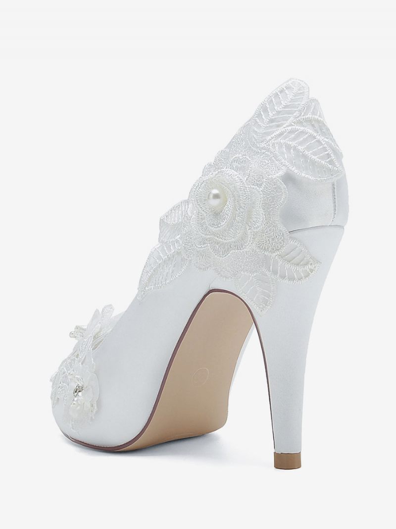 Chaussures Mariage Pour Femmes Escarpins Mariée Satin À Bout Ouvert - Blanc