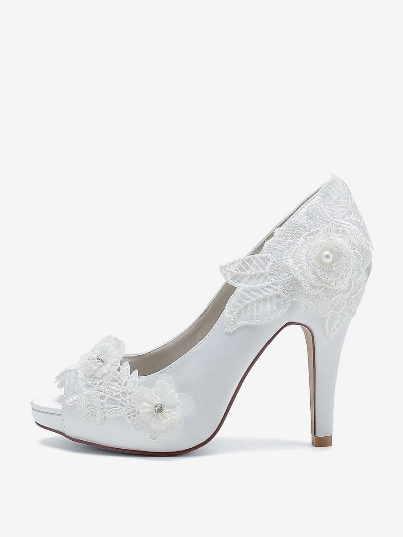 Chaussures Mariage Pour Femmes Escarpins Mariée Satin À Bout Ouvert - Blanc