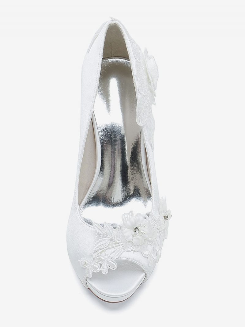 Chaussures Mariage Pour Femmes Escarpins Mariée Satin À Bout Ouvert - Blanc