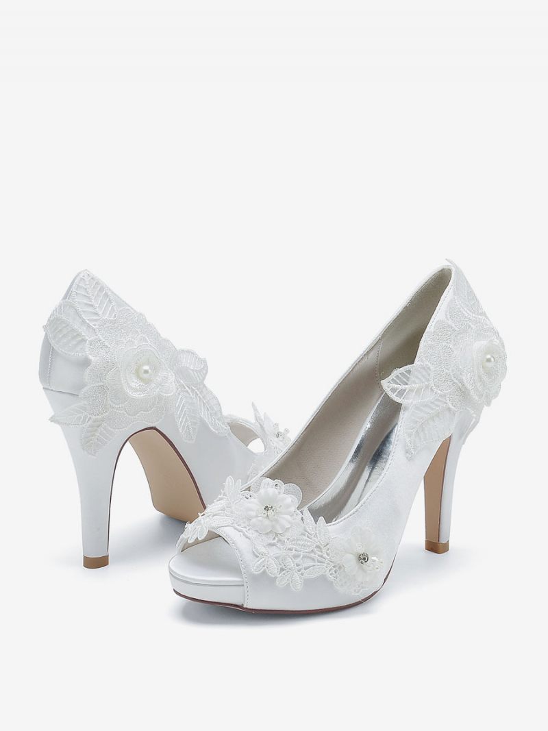 Chaussures Mariage Pour Femmes Escarpins Mariée Satin À Bout Ouvert - Blanc