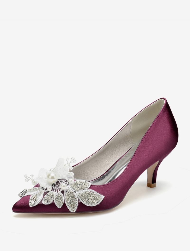 Chaussures Mariage Pour Femmes Escarpins Mariée Satin Bout Pointu - Bourgogne